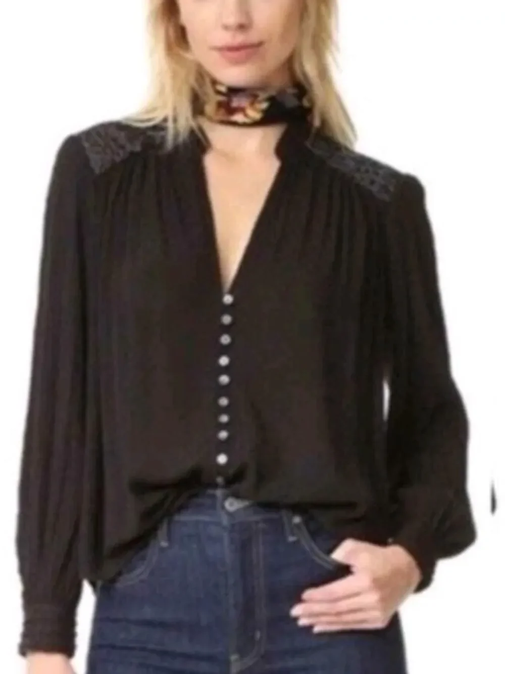 Free People Womens Black Canyon Rose Button Front Long Sleeve Shirt Size Large